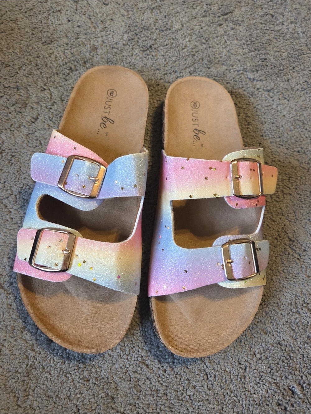 Just Be Pastel Rainbow Glitter Double-Buckle Slide Sandals with Gold SIZE 9